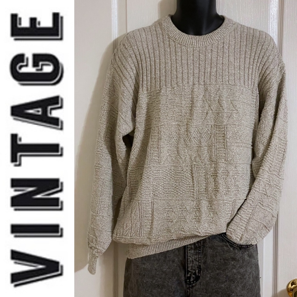 EUC Vintage LAKELAND 🇨🇦 cotton knit crewneck light grey and white sweater, M